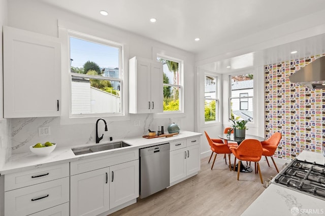 kitchen featuring stainless steel dishwasher, white cabinetry, a wealth of natural light, and a sink