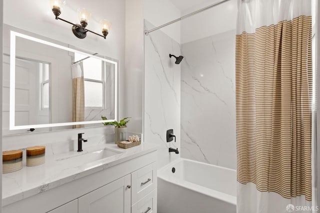 full bath with shower / bath combination with curtain and vanity