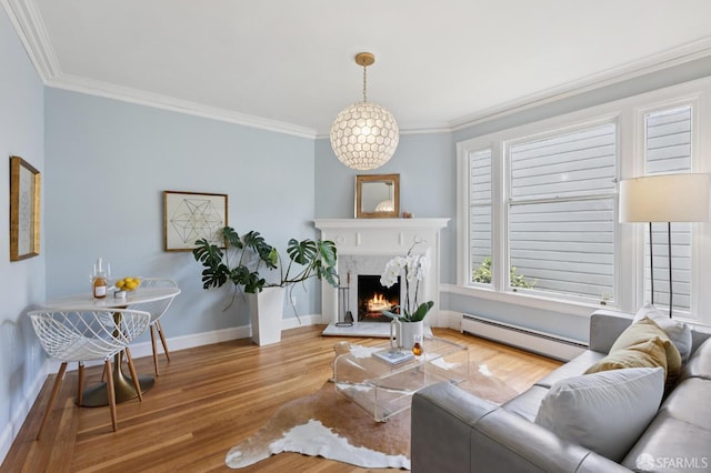 1250 Vallejo St Unit 7, San Francisco, CA 94109 - living room with a baseboard heating unit, crown molding, wood finished floors, and a fireplace