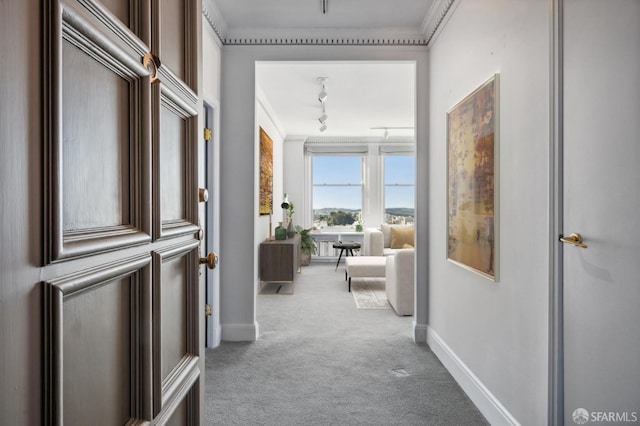 hall with ornamental molding and carpet floors