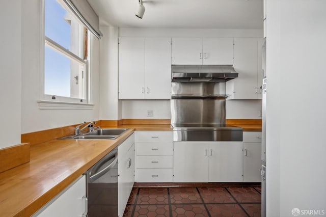 kitchen featuring white cabinetry, stainless steel dishwasher, range hood, and sink