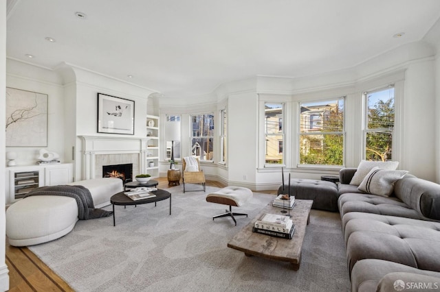 living room with crown molding and built in features