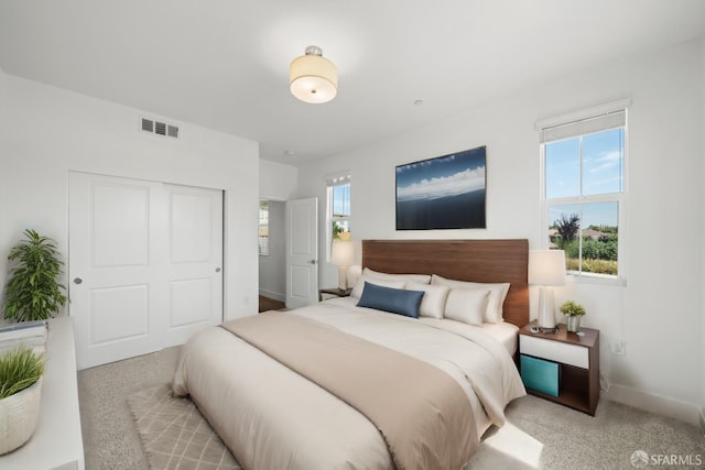 carpeted bedroom featuring a closet and multiple windows