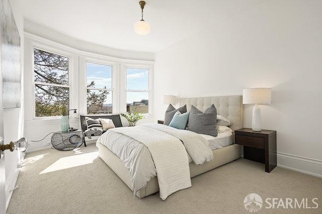 bedroom with baseboards and light colored carpet