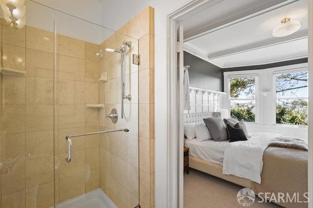 full bathroom with beamed ceiling and a stall shower