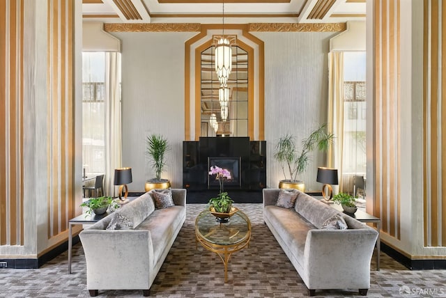 631 Ofarrell St Unit 702, San Francisco, CA 94109 - living room with wallpapered walls and a fireplace