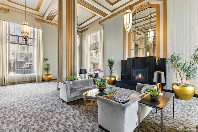 631 Ofarrell St Unit 702, San Francisco, CA 94109 - community lobby with ornamental molding, beamed ceiling, coffered ceiling, and a high ceiling