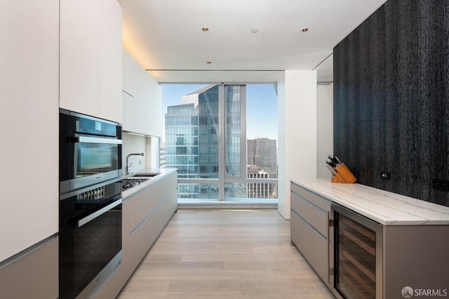 kitchen featuring light wood-type flooring, a wall of windows, and a healthy amount of sunlight