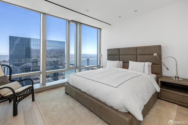 181 Fremont St Unit 58A, San Francisco, CA 94105 - bedroom featuring a view of city, light wood-type flooring, and a water view