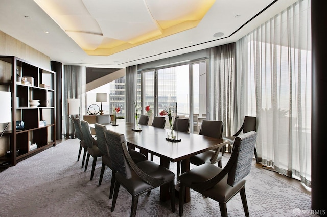 dining space featuring a tray ceiling