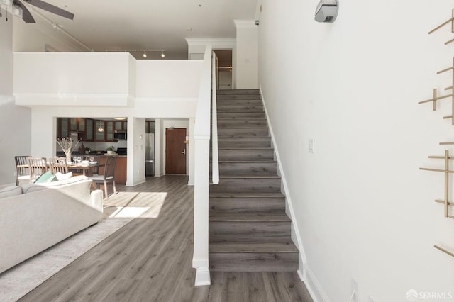 stairs with hardwood / wood-style flooring, track lighting, ceiling fan, and a high ceiling