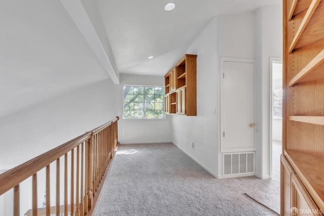 4737 Crestone Peak Dr, Antioch, CA 94531 - hallway featuring lofted ceiling with beams, carpet floors, recessed lighting, baseboards, and visible vents