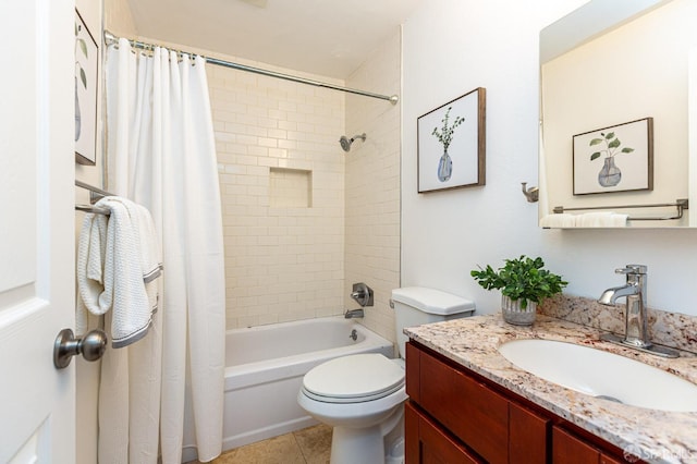 full bathroom with toilet, vanity, shower / bathtub combination with curtain, and tile patterned flooring