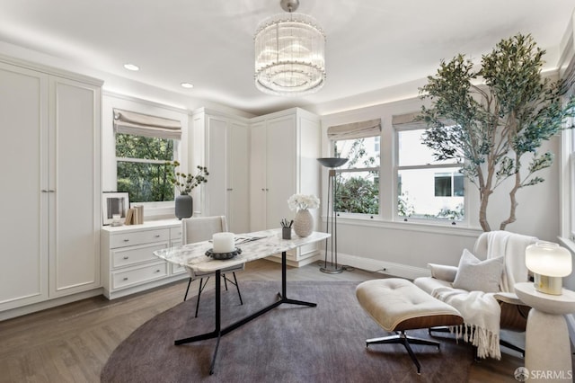 office area with recessed lighting, baseboards, and a notable chandelier