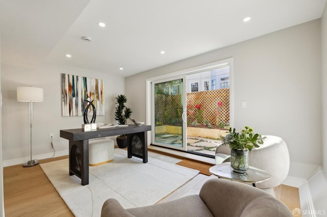 office area with light hardwood / wood-style flooring