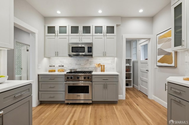 kitchen with gray cabinetry, light wood-type flooring, stainless steel appliances, and tasteful backsplash