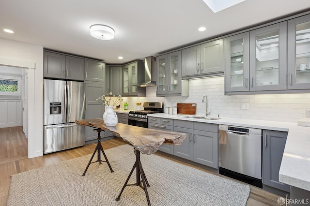 kitchen featuring sink, stainless steel appliances, tasteful backsplash, light hardwood / wood-style floors, and wall chimney exhaust hood