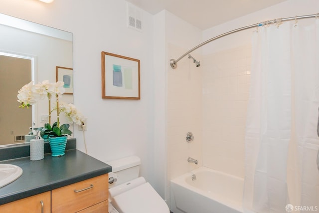 full bathroom with vanity, shower / bathtub combination with curtain, and toilet