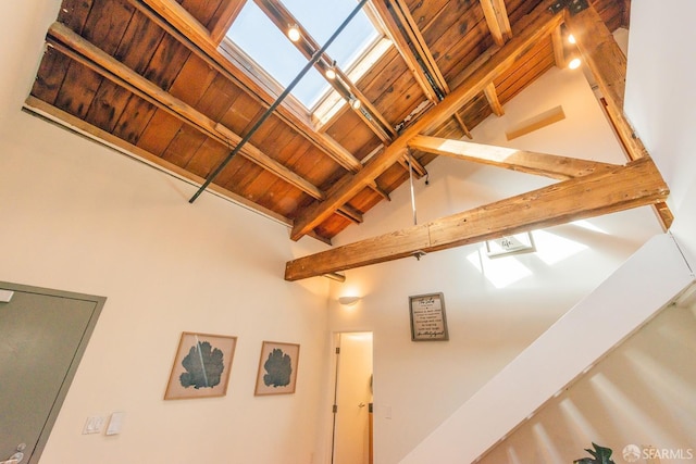 details featuring beam ceiling, a skylight, and wooden ceiling