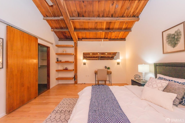 unfurnished bedroom with light hardwood / wood-style flooring, wooden ceiling, and beamed ceiling