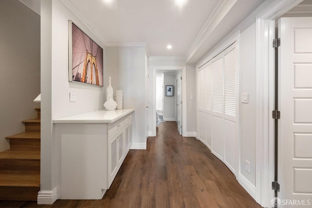 1758 Palou Ave, San Francisco, CA 94124 - corridor featuring dark wood finished floors, stairway, recessed lighting, crown molding, and baseboards