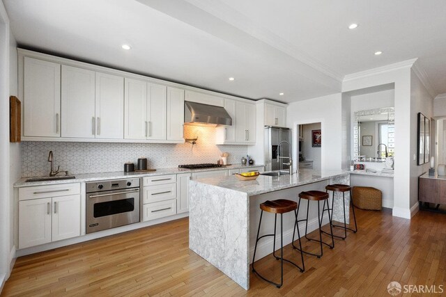 1758 Palou Ave, San Francisco, CA 94124 - kitchen with stainless steel appliances, wall chimney exhaust hood, a sink, crown molding, and tasteful backsplash