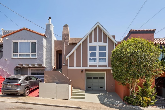 67 Rome St, San Francisco, CA 94112 - view of front facade with stucco siding, a garage, a chimney, and driveway