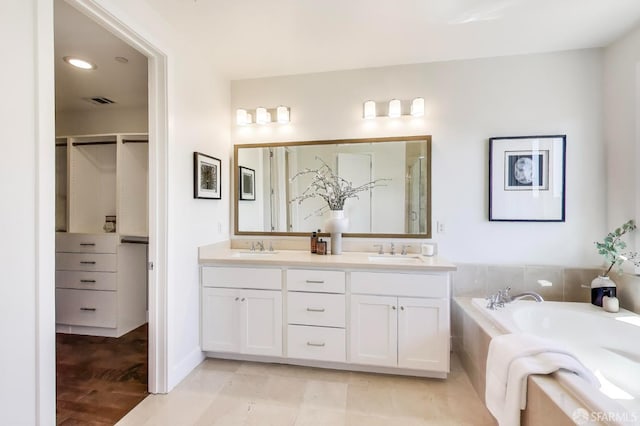 165 Summit Way, San Francisco, CA 94132 - bathroom with double vanity, a bath, a shower, and recessed lighting