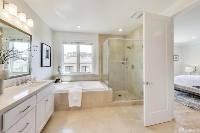 165 Summit Way, San Francisco, CA 94132 - ensuite bathroom featuring a garden tub, vanity, a shower stall, tile patterned flooring, and recessed lighting