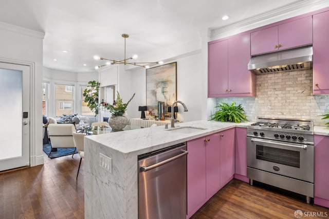 1144 York St, San Francisco, CA 94110 - kitchen featuring appliances with stainless steel finishes, red cabinets, extractor fan, a sink, and crown molding