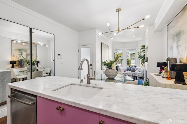 1144 York St, San Francisco, CA 94110 - kitchen featuring open floor plan, a chandelier, ornamental molding, a sink, and light stone counters