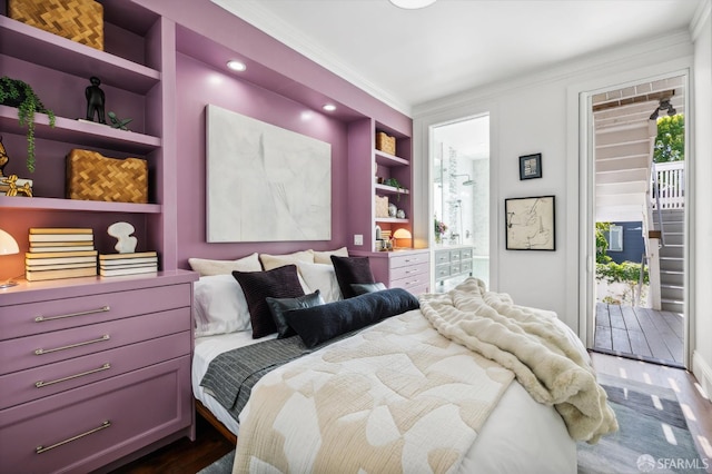 1144 York St, San Francisco, CA 94110 - bedroom featuring access to exterior, crown molding, multiple windows, dark wood finished floors, and ensuite bath