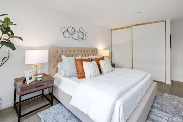 bedroom featuring light wood-type flooring and a closet