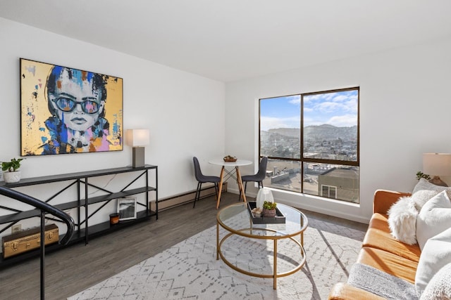 living room with dark hardwood / wood-style floors, a mountain view, and a baseboard heating unit