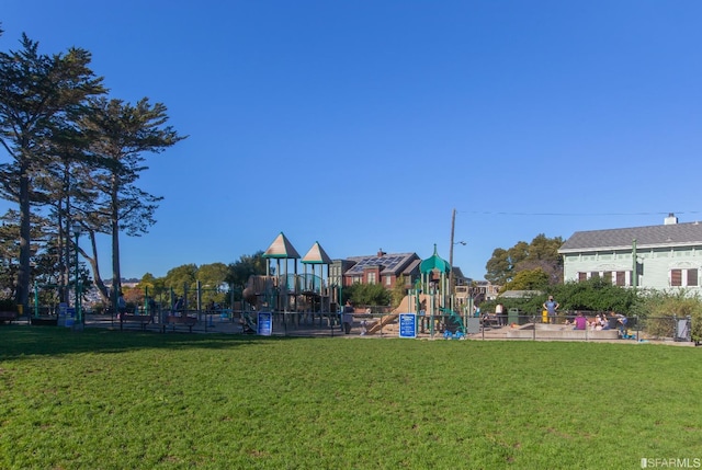 view of jungle gym featuring a yard