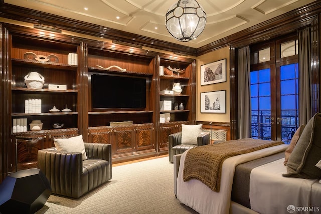 bedroom featuring french doors, ornamental molding, and access to outside