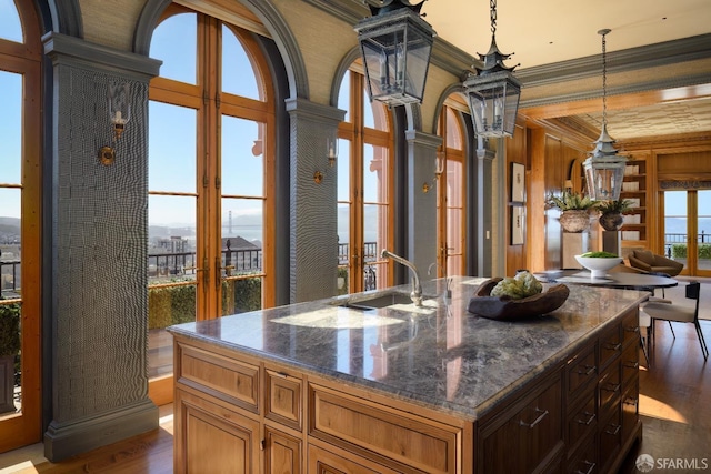 kitchen with dark hardwood / wood-style floors, sink, hanging light fixtures, ornamental molding, and french doors