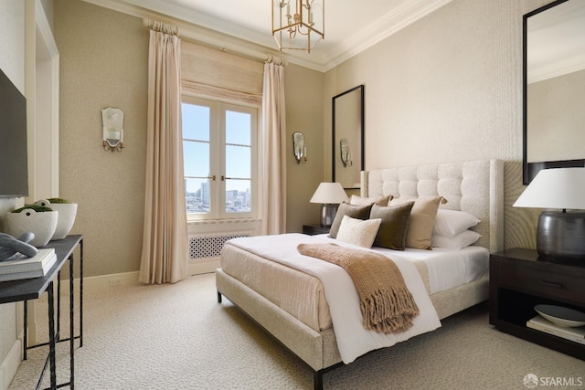 bedroom with ornamental molding, a notable chandelier, and carpet floors