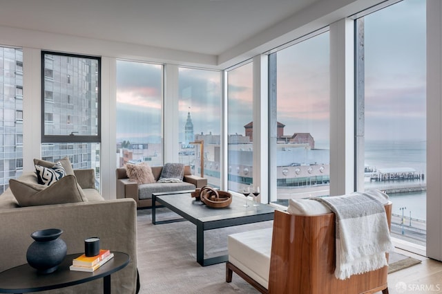 living area with a view of city, a water view, and light wood-style floors