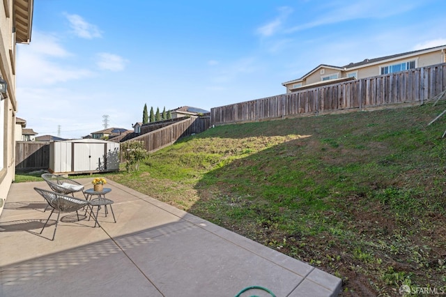 view of yard featuring a shed and a patio