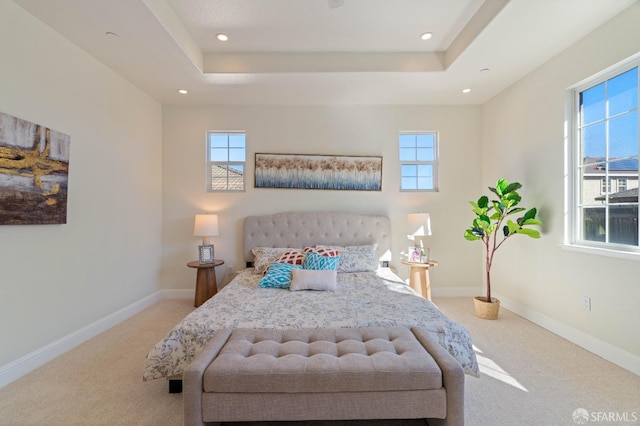 bedroom featuring light colored carpet, a raised ceiling, and multiple windows