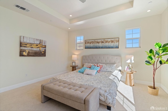 bedroom featuring a tray ceiling and carpet floors