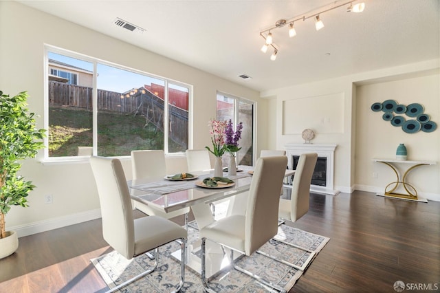 dining space with a wealth of natural light and dark hardwood / wood-style flooring