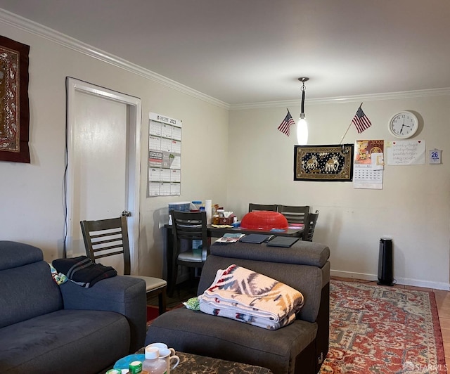 living room with tile patterned flooring and crown molding