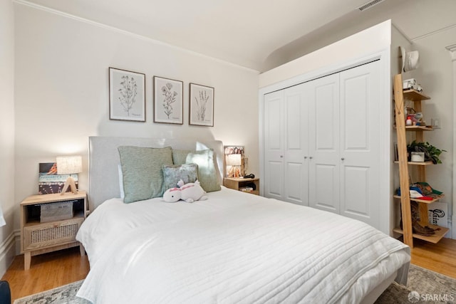 bedroom featuring wood-type flooring and a closet