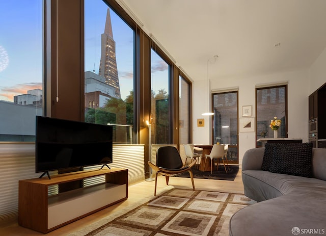 living area with expansive windows and light wood-style flooring