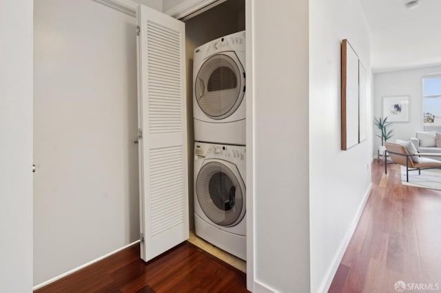 451 Kansas St Unit 428, San Francisco, CA 94107 - laundry area with stacked washer / drying machine and dark wood finished floors