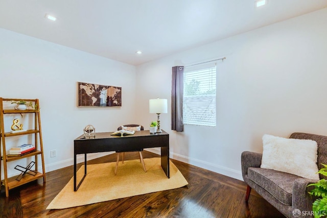 office space with dark wood-style floors, recessed lighting, and baseboards