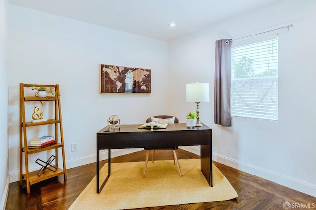 home office featuring baseboards, dark wood-style flooring, and recessed lighting