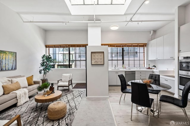 interior space featuring a skylight, light hardwood / wood-style floors, and rail lighting